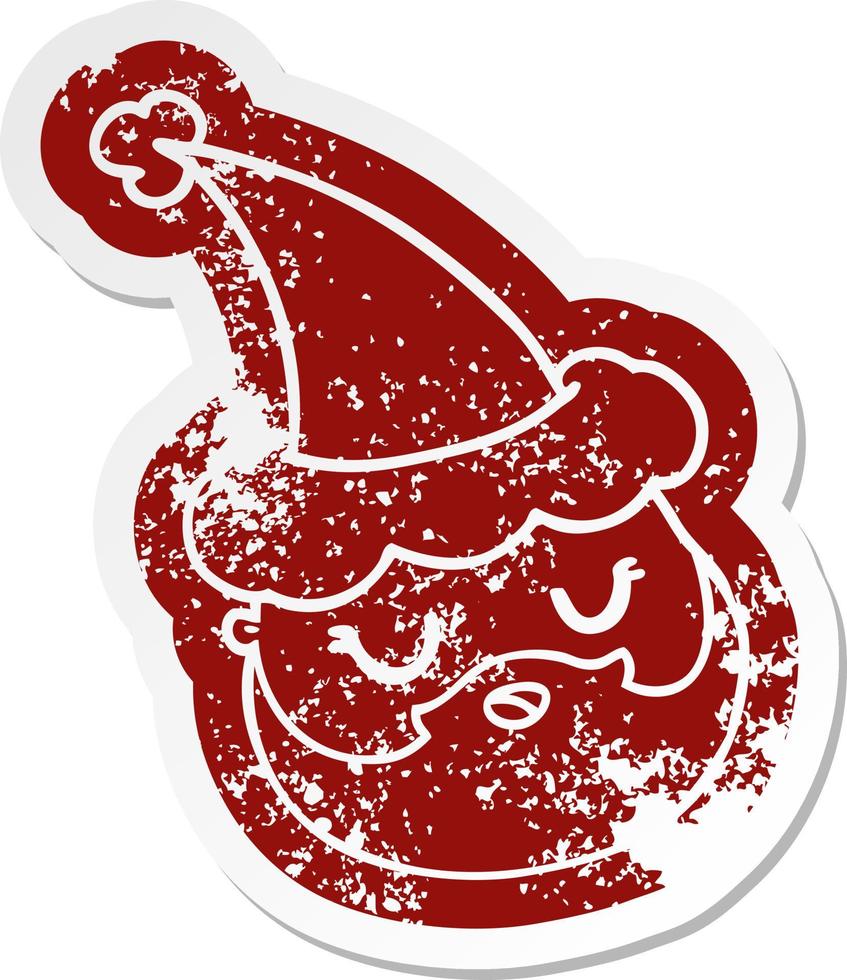 cartoon distressed sticker of a male face with beard wearing santa hat vector