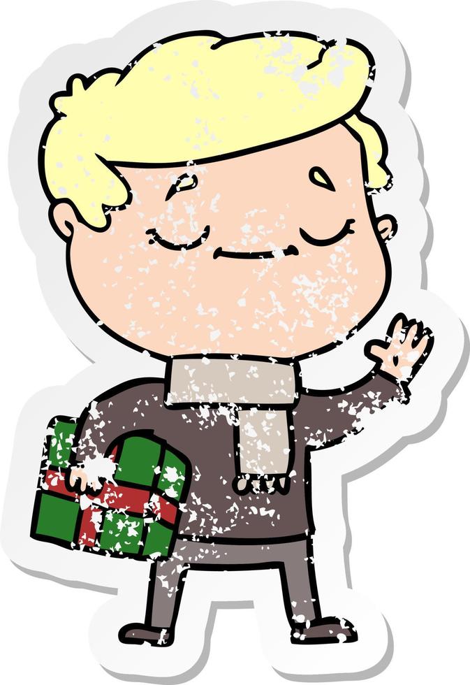 distressed sticker of a cartoon man carrying christmas present waving vector