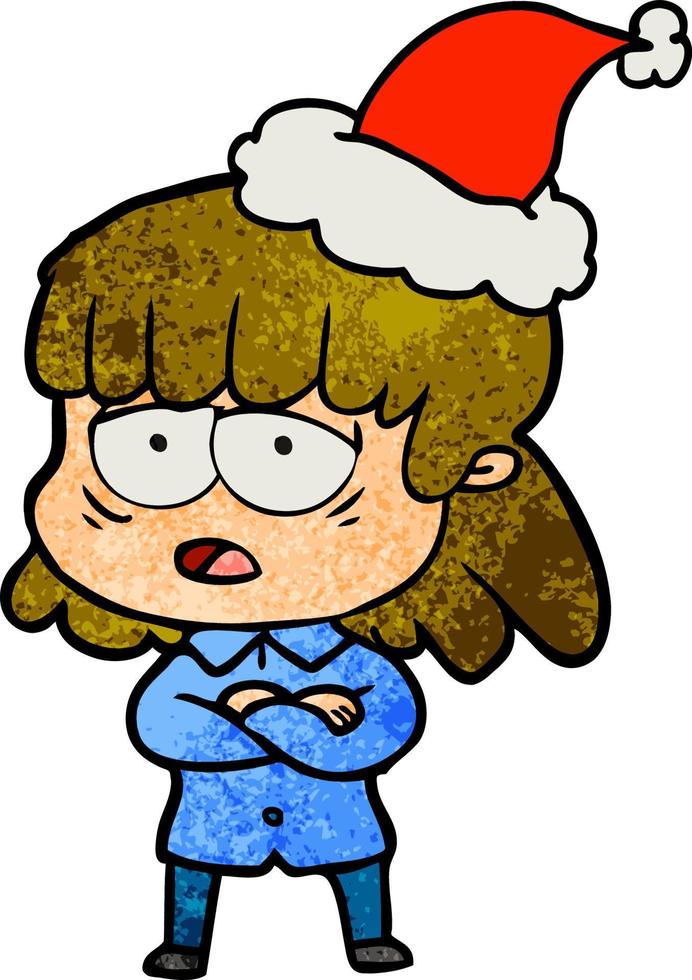 textured cartoon of a tired woman wearing santa hat vector