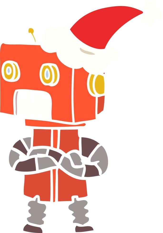flat color illustration of a robot wearing santa hat vector