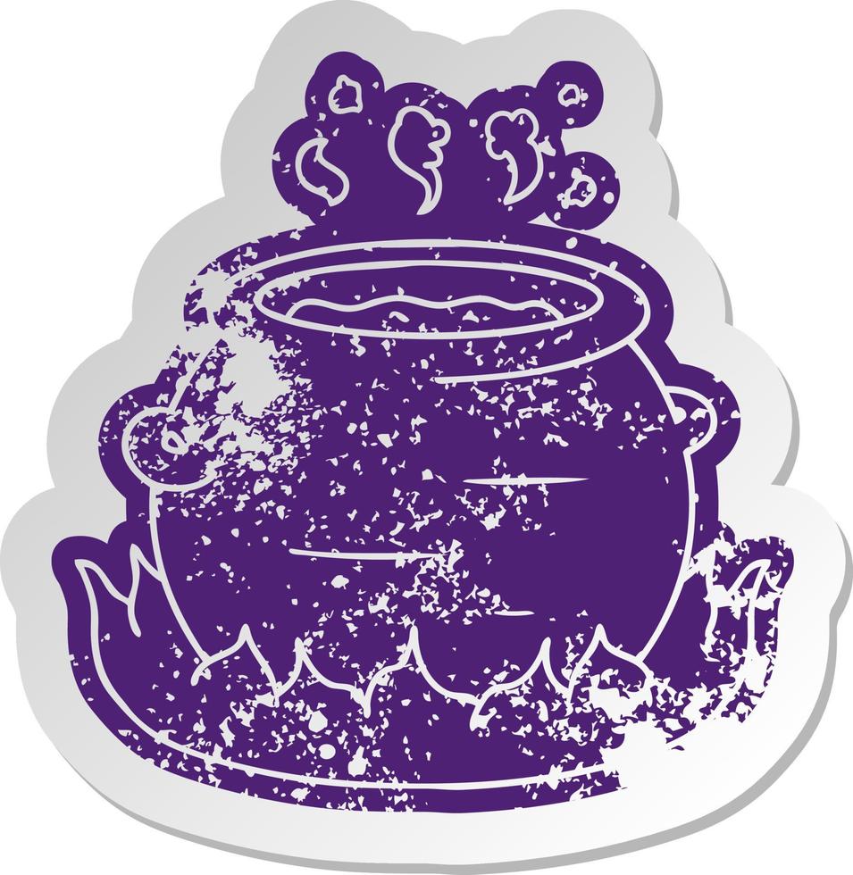 distressed old sticker of a pot of stew vector