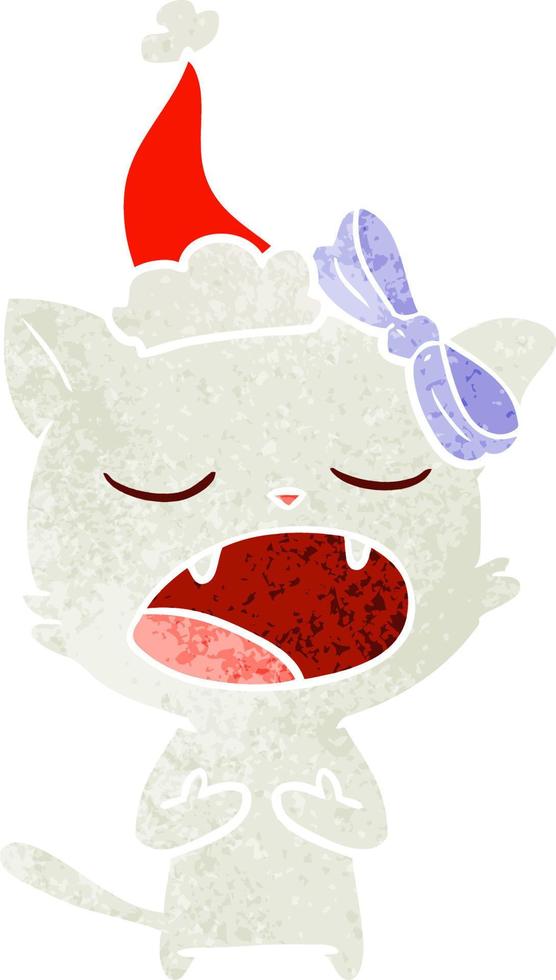 retro cartoon of a cat meowing wearing santa hat vector