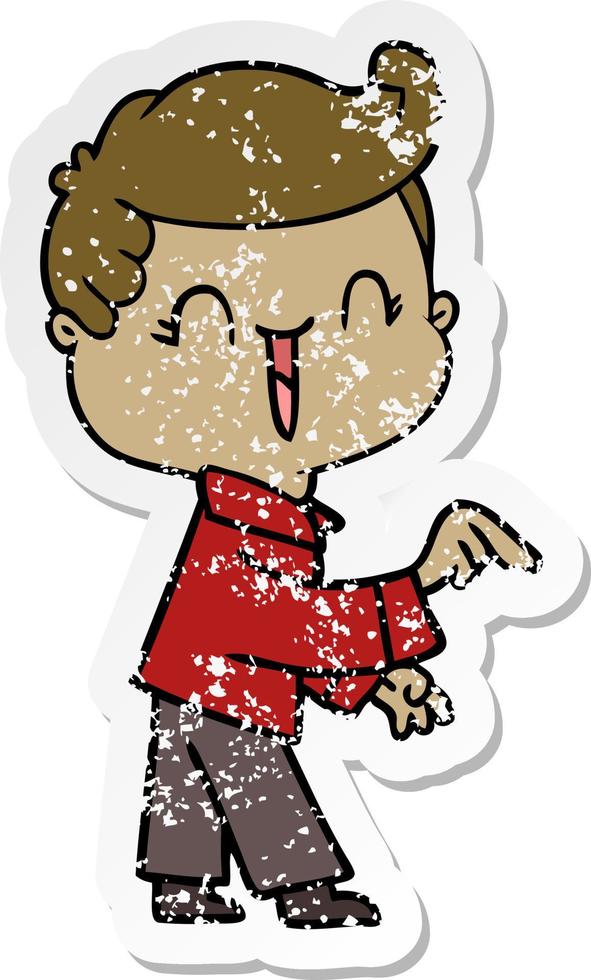 distressed sticker of a cartoon laughing boy pointing vector