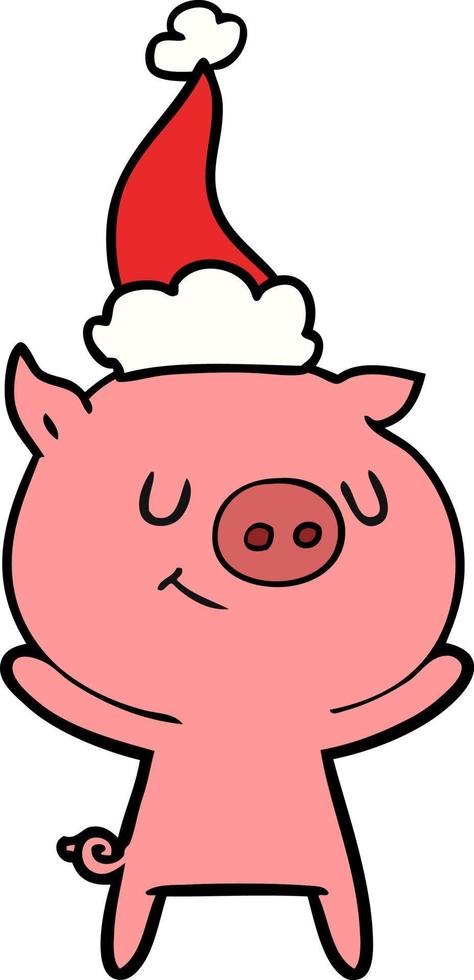 happy line drawing of a pig wearing santa hat vector