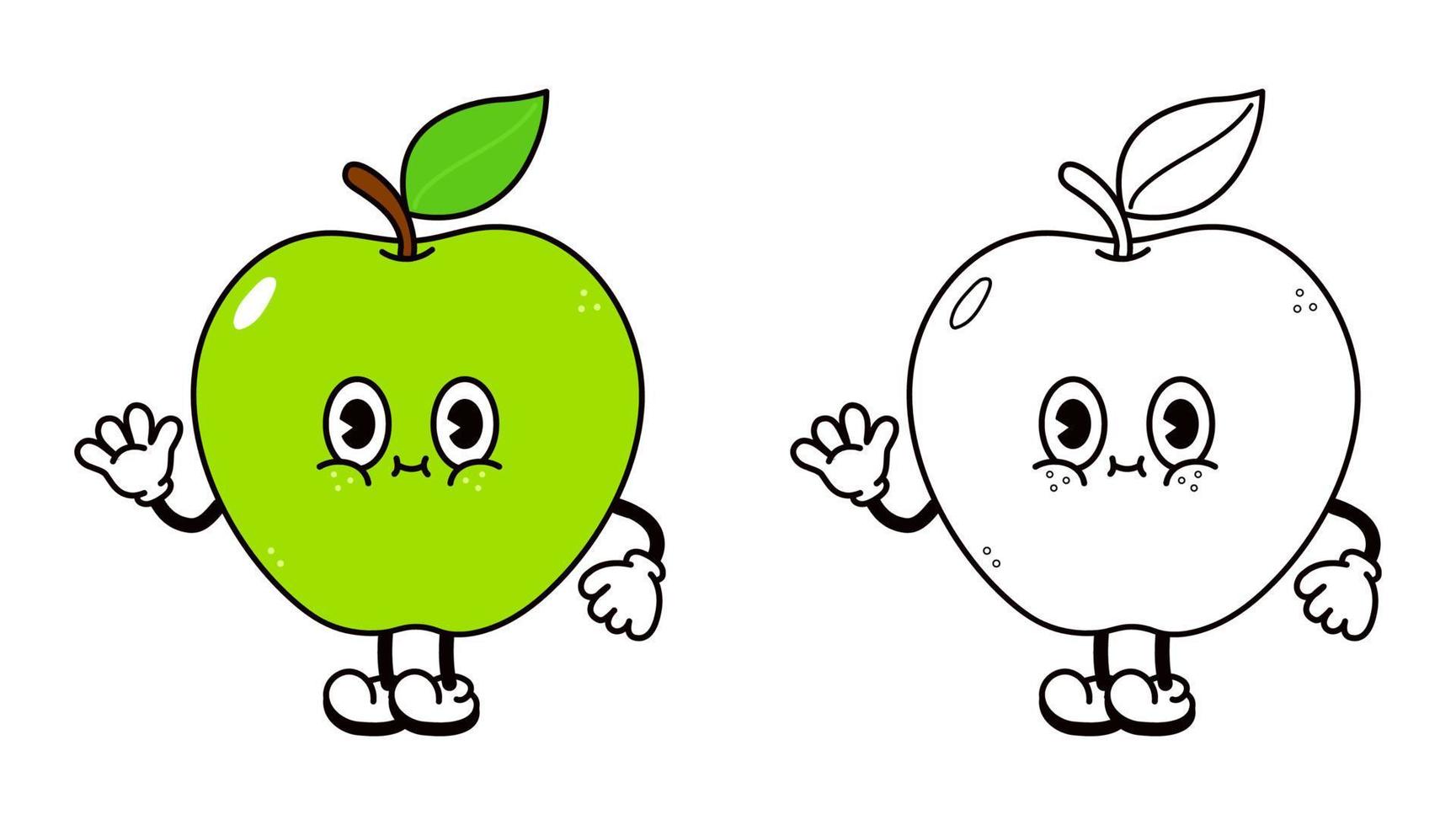Cute funny green apple waving hand character outline cartoon illustration for coloring book. Vector green apple hand drawn traditional cartoon vintage, retro, character. Isolated on white background