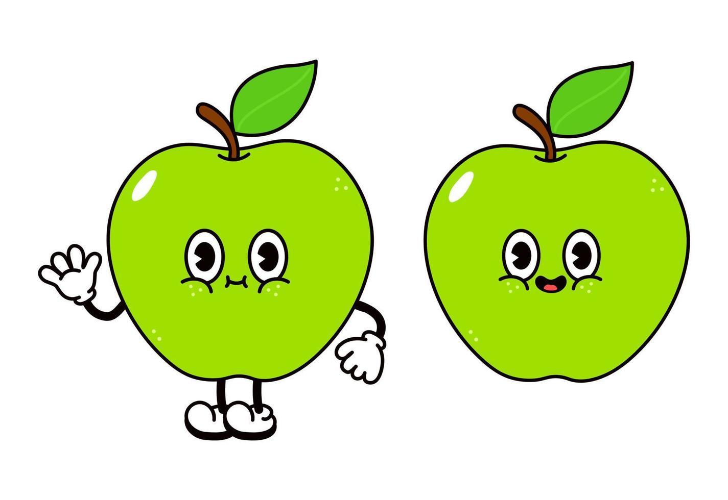 lindo y divertido personaje de la mano que agita la manzana verde. vector dibujado a mano dibujos animados tradicionales vintage, retro, icono de ilustración de carácter kawaii. aislado sobre fondo blanco. concepto de personaje de manzana verde