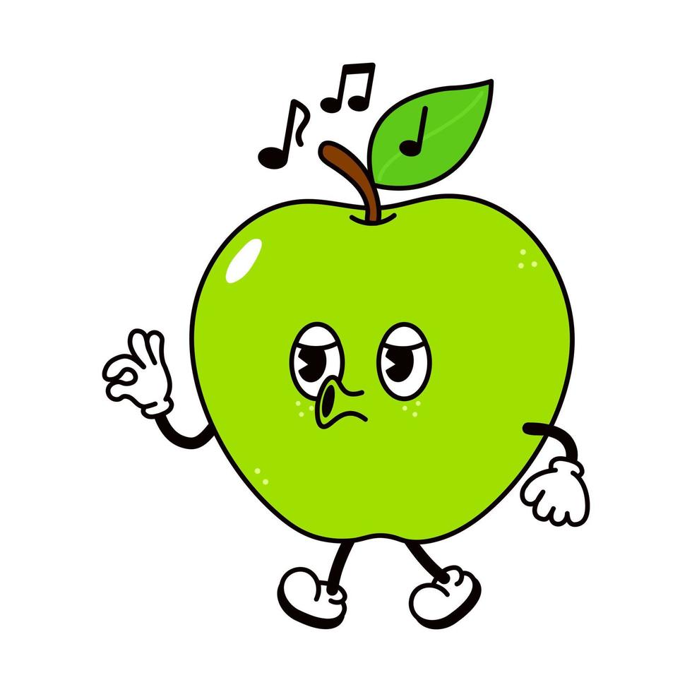 Cute funny green apple walking singing character. Vector hand drawn traditional cartoon vintage, retro, kawaii character illustration icon. Isolated white background. Green apple walk sing character