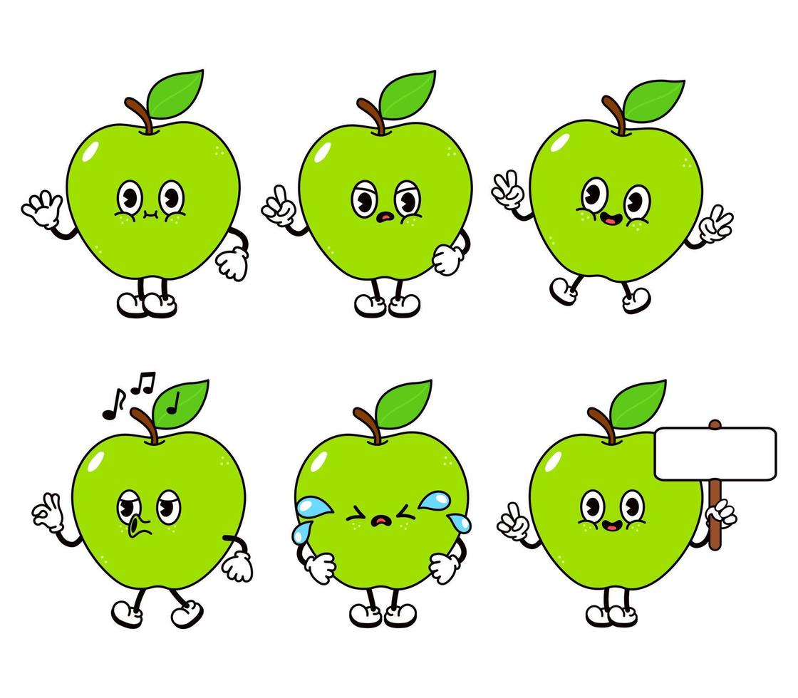 divertido conjunto de lindos personajes de manzana. vector dibujado a mano estilo de fideos dibujos animados tradicionales vintage, diseño de icono de ilustración de carácter retro. fondo blanco aislado. manzana feliz