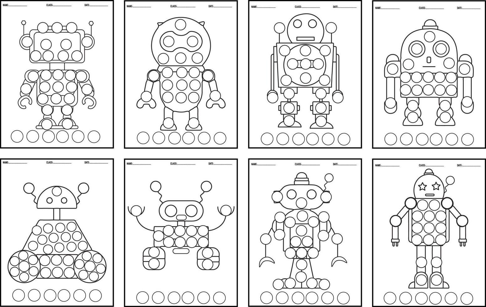 rotuladores de puntos de libros para colorear de robots para niños, diseño de personajes mecánicos. vector