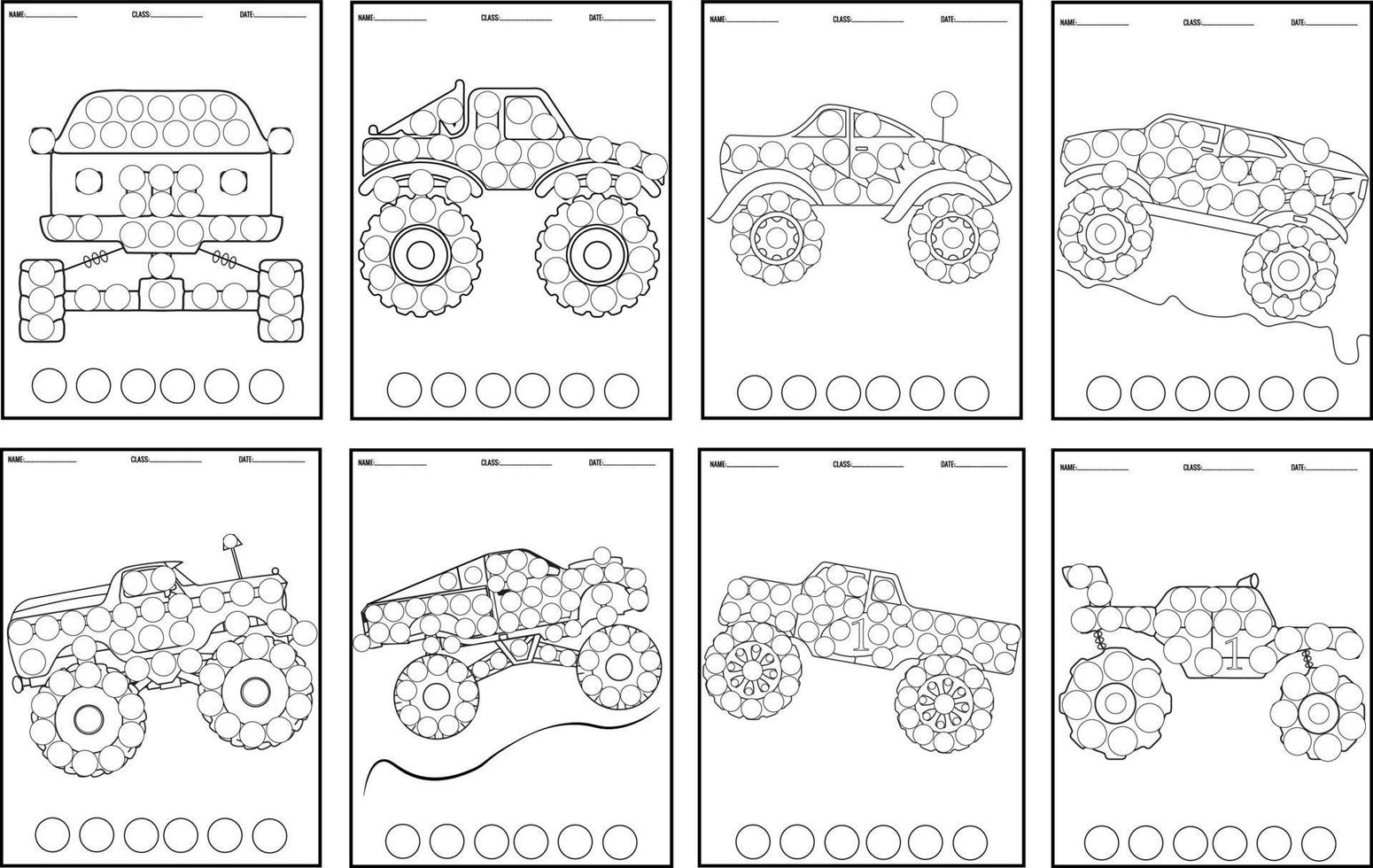 Monster Trucks Dot Markers for kids activity coloring book or page. vector
