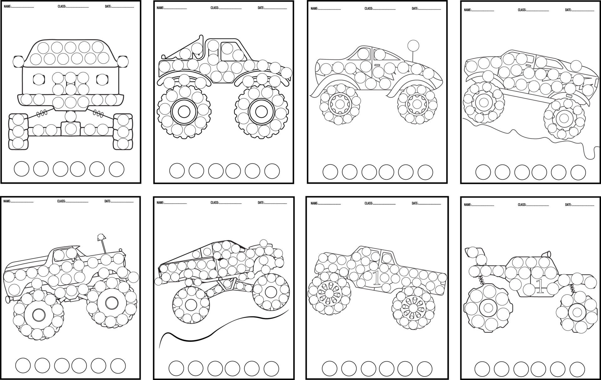 Monster Trucks Dot Markers for kids activity coloring book or page.  11180038 Vector Art at Vecteezy