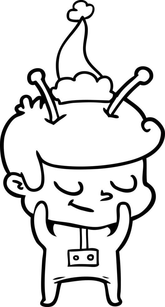 shy line drawing of a spaceman wearing santa hat vector