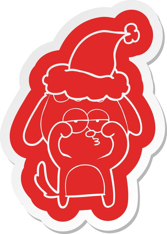 cartoon  sticker of a tired dog wearing santa hat vector