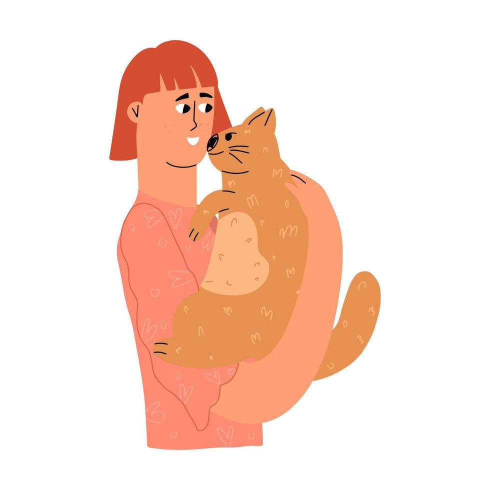 The girl hugs the cat. Emotional support for a cat. Vector illustration. Mental therapy.