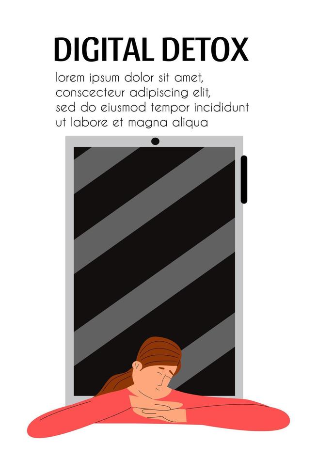 The concept of rest from digital devices. The girl sleeps on the background of the switched off phone. Vector illustration in a flat style.