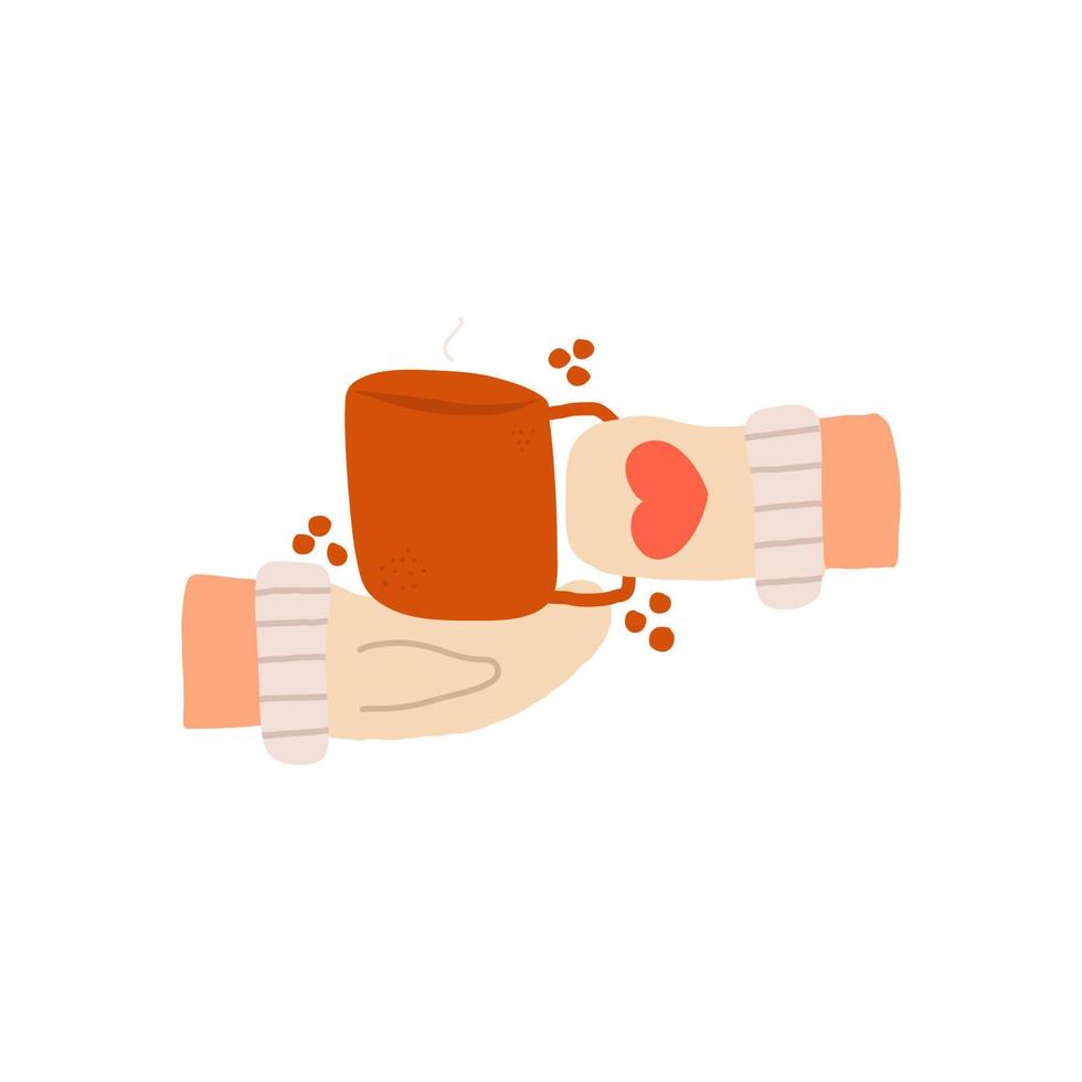 Female hands in warm mittens hold a mug of hot chocolate or coffee. Vector hand drawn illustration