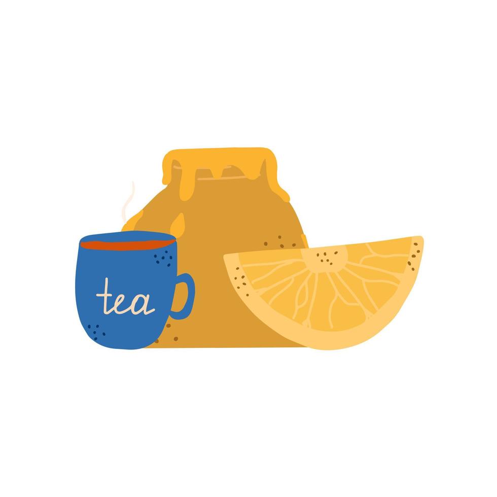 Honey, a mug of hot tea and lemon. Prevention of viral infections. Healthy natural food. Vector hand drawn illustration