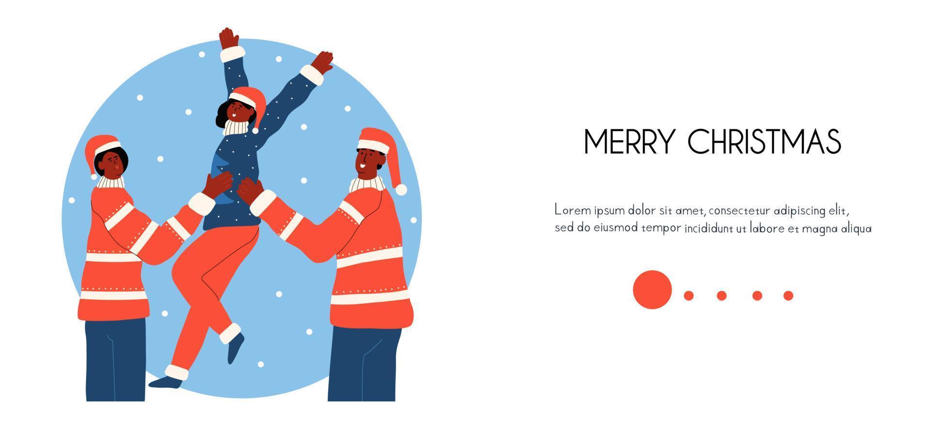 Landing page with African American family in Christmas clothes. Advertising banner for the site. Webpage. Vector illustration in flat style