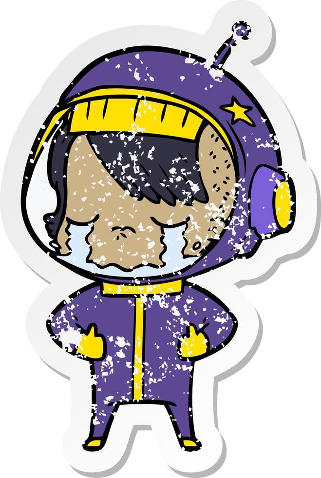 distressed sticker of a cartoon crying astronaut girl vector