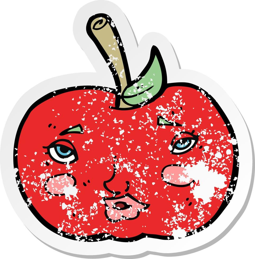 pegatina retro angustiada de una caricatura de manzana con cara vector