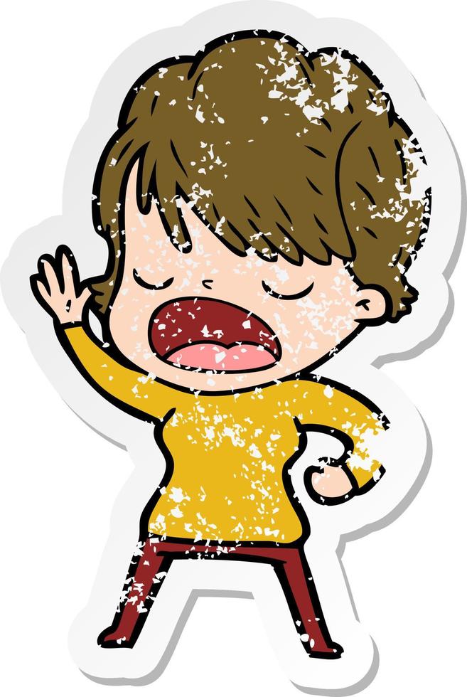 distressed sticker of a cartoon woman talking vector