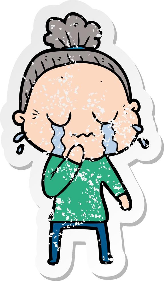 distressed sticker of a cartoon old woman crying vector