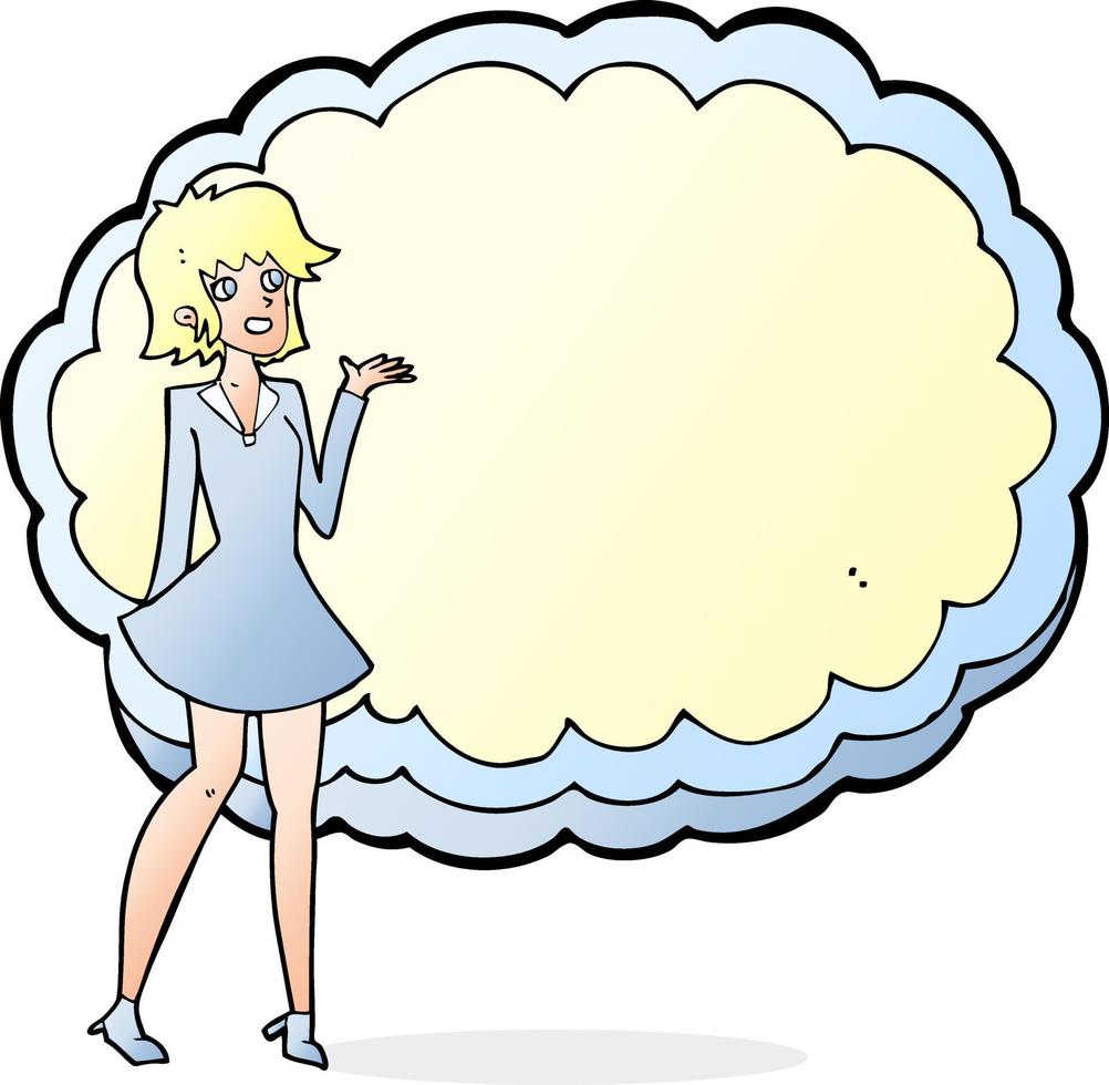 cartoon friendly woman standing in front of cloud with space for text vector