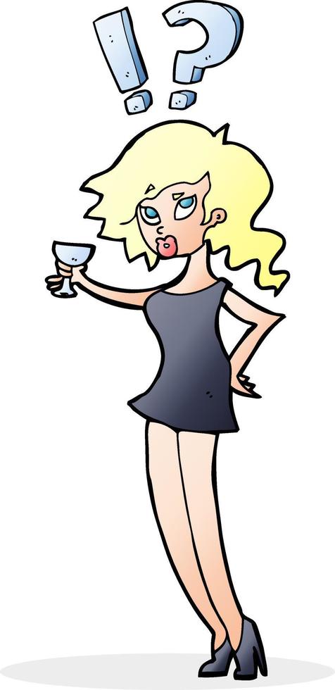 mujer confundida de dibujos animados bebiendo cóctel vector