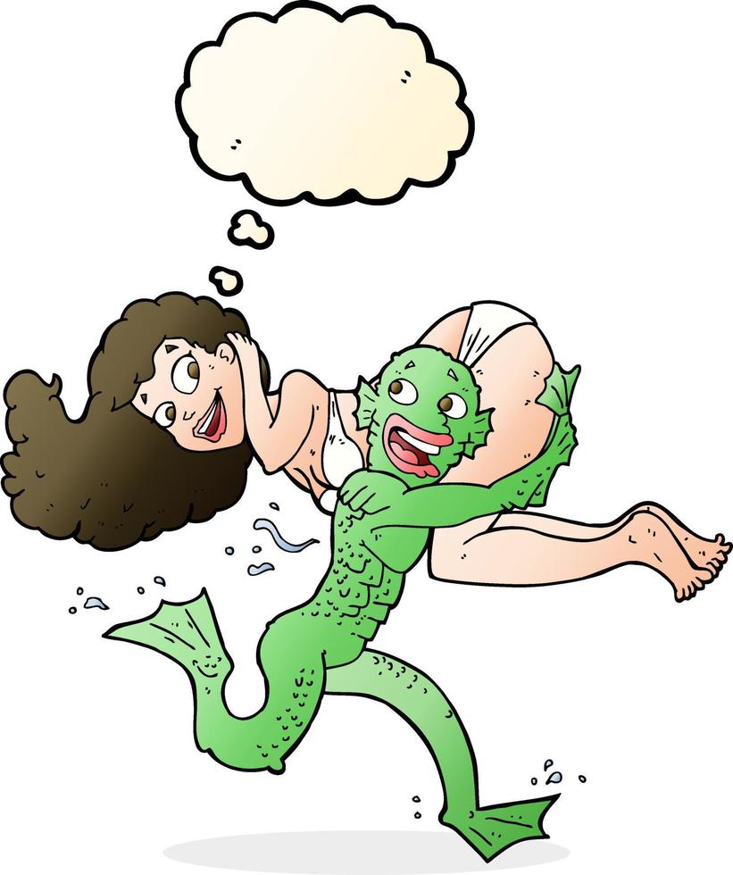 cartoon swamp monster carrying girl in bikini with thought bubble vector