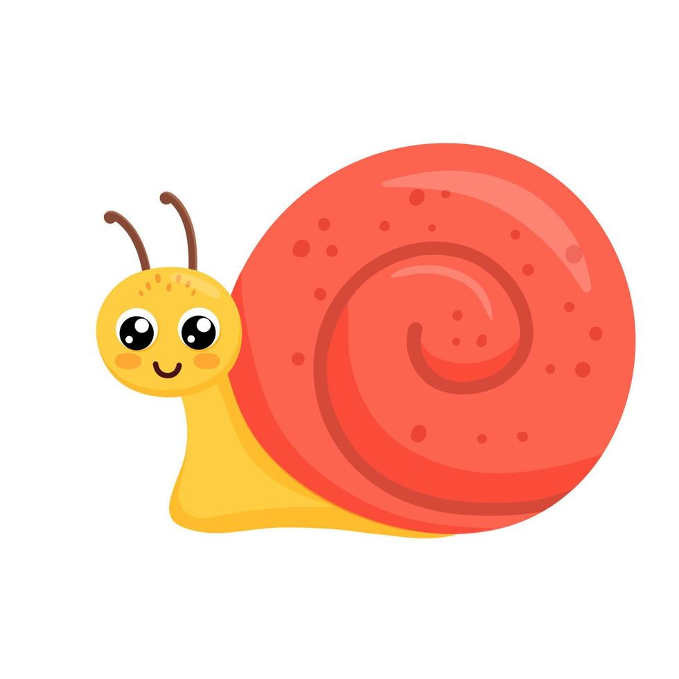 Cute smiling snail isolated on white background. Funny insect for children. Flat cartoon vector illustration