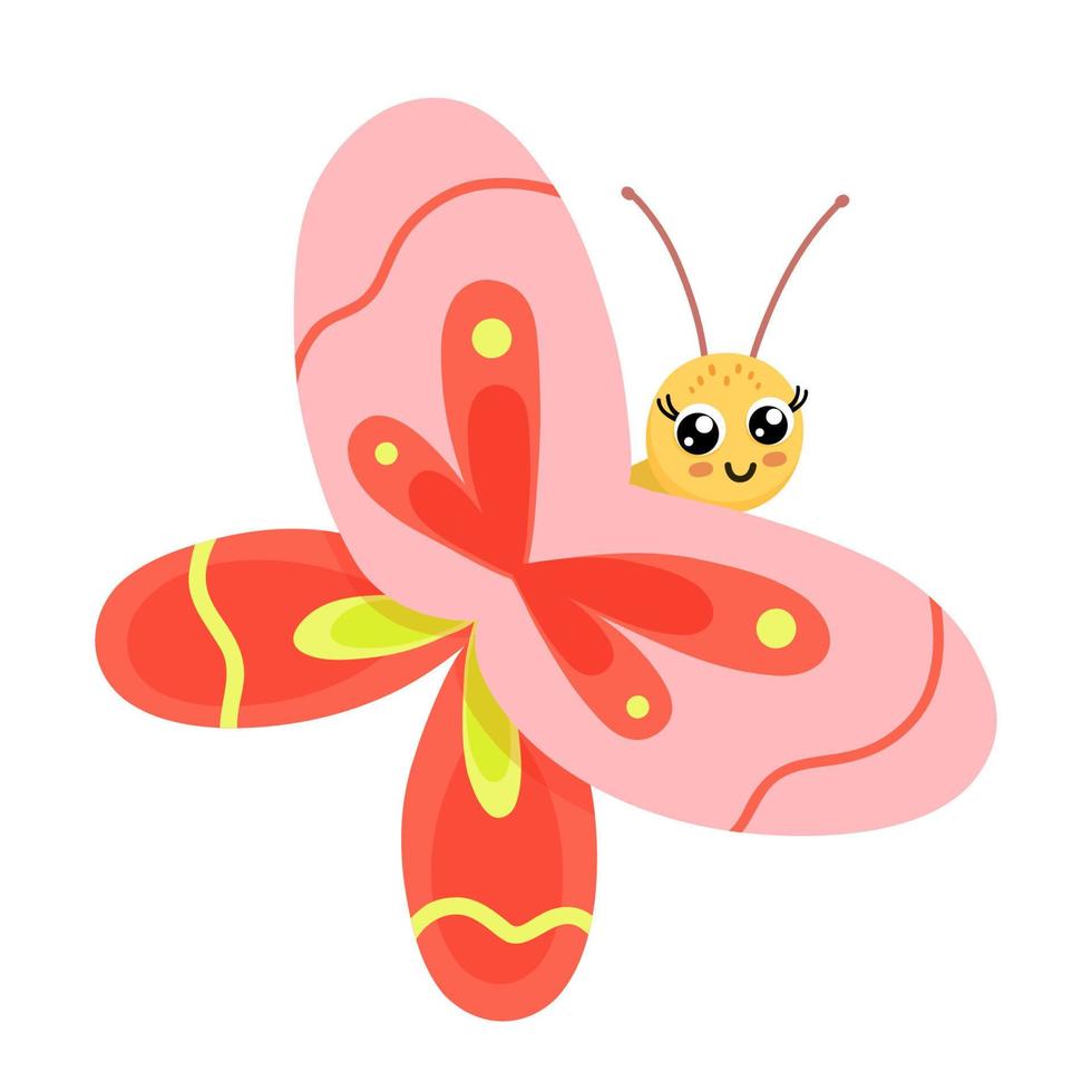 Linda mariposa sonriente aislada sobre fondo blanco. insecto divertido para niños. ilustración vectorial de dibujos animados plana vector
