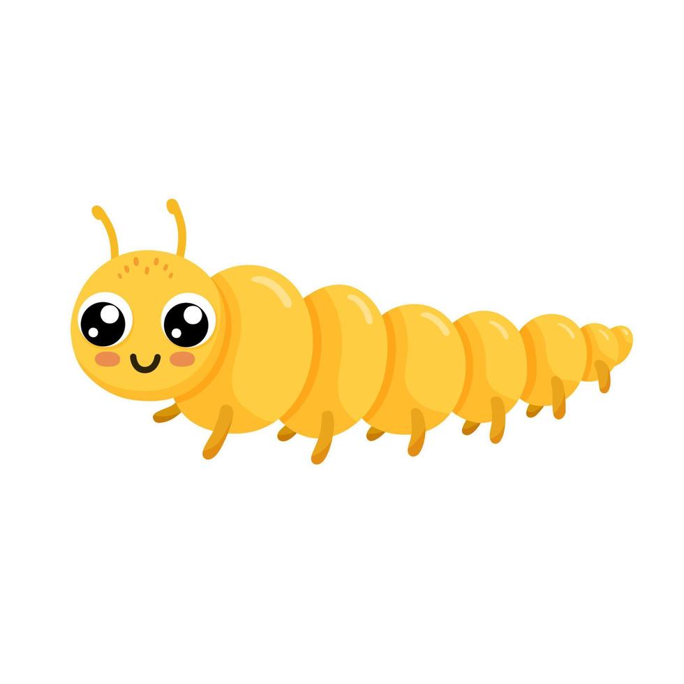 Cute yellow smiling caterpillar isolated on white background. Funny insect and garden animals for children. Flat cartoon vector illustration