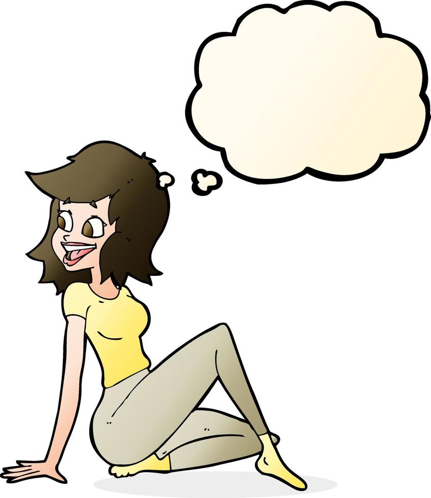 cartoon pretty woman looking happy with thought bubble vector