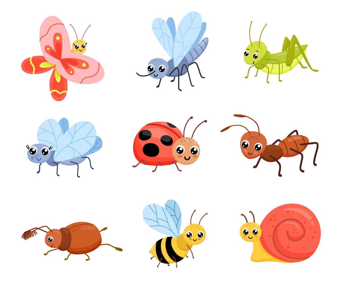 conjunto de insectos de dibujos animados. linda hormiga, saltamontes y caracol. ilustración vectorial infantil aislada sobre fondo blanco vector