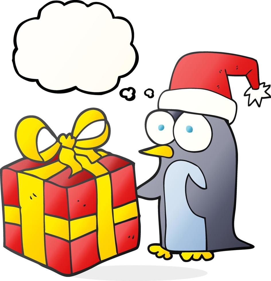 Pensamiento dibujado a mano alzada bubble cartoon christmas penguin con presente vector