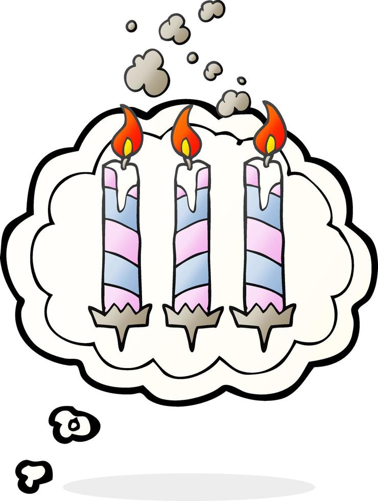 Velas de pastel de cumpleaños de dibujos animados de burbujas de pensamiento dibujadas a mano alzada vector