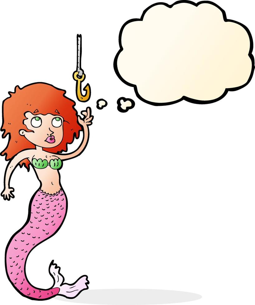 cartoon mermaid and fish hook with thought bubble vector