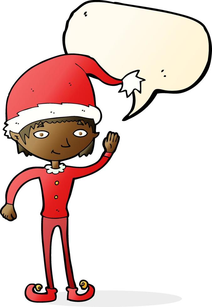 cartoon waving christmas elf with speech bubble vector