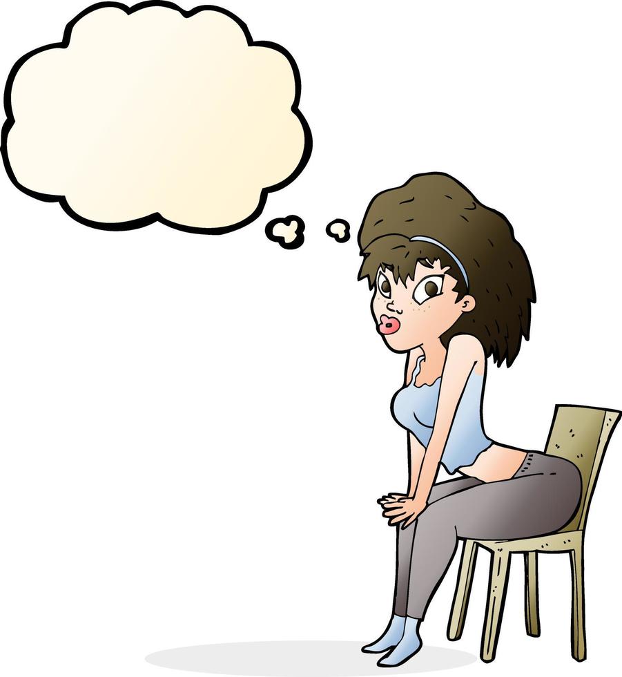 caricatura, mujer, posar, en, silla, con, burbuja del pensamiento vector