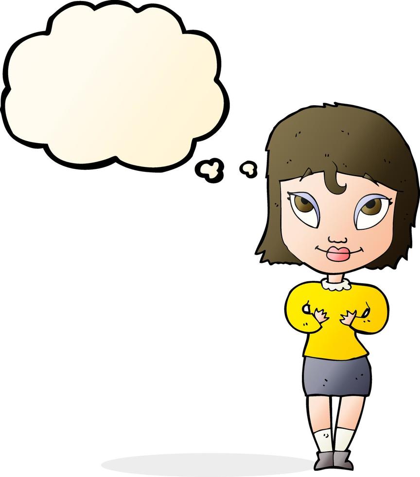 cartoon woman gesturing at self with thought bubble vector