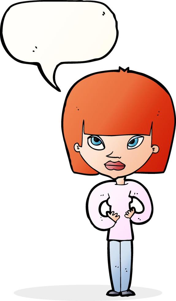 cartoon woman gesturing at herself with speech bubble vector