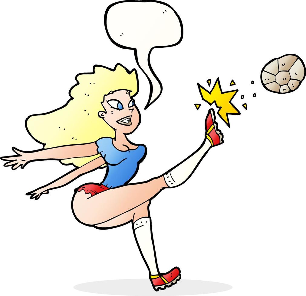 caricatura, jugador de fútbol femenino, patear, pelota, con, burbuja del discurso vector