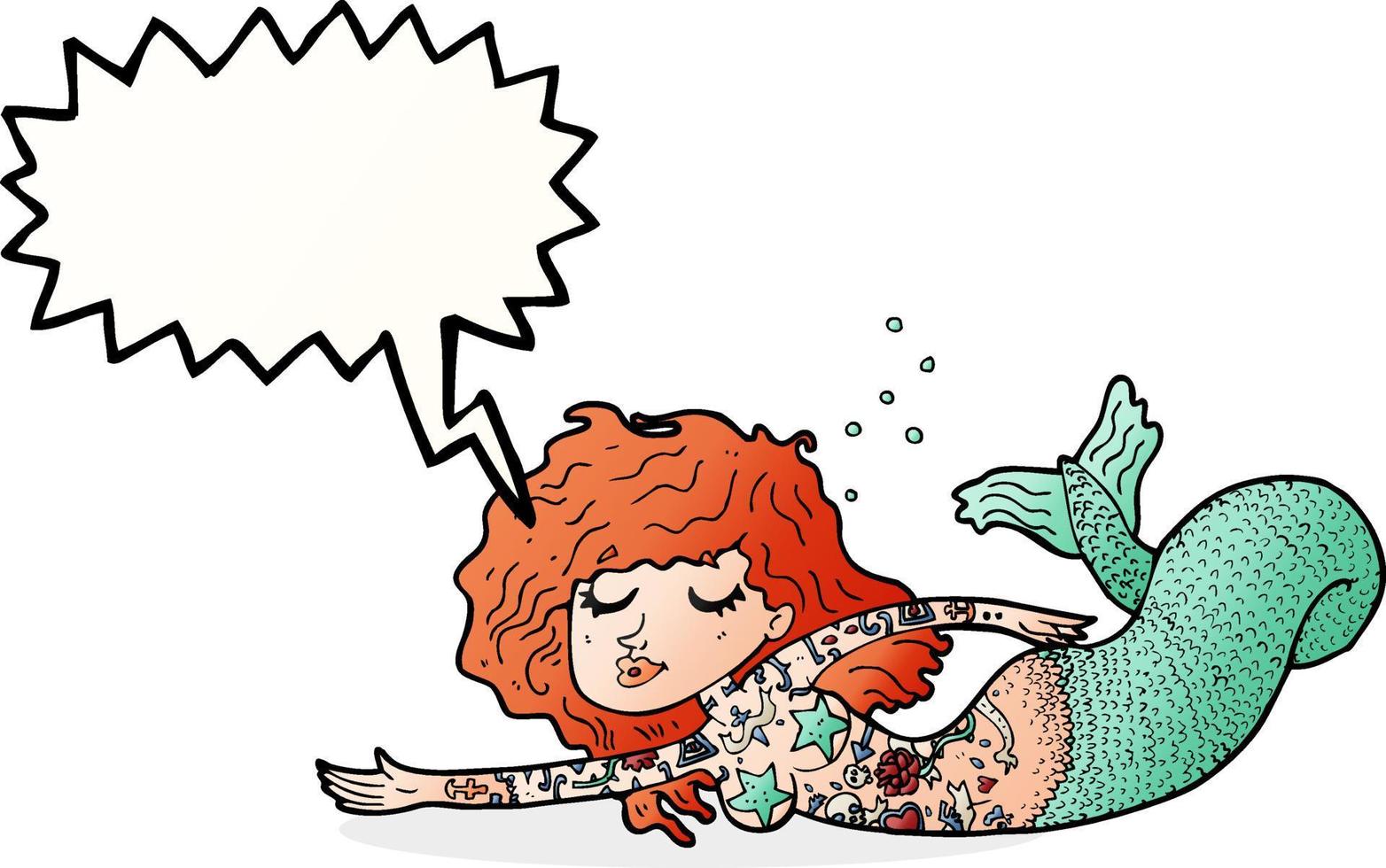 cartoon mermaid with tattoos with speech bubble vector