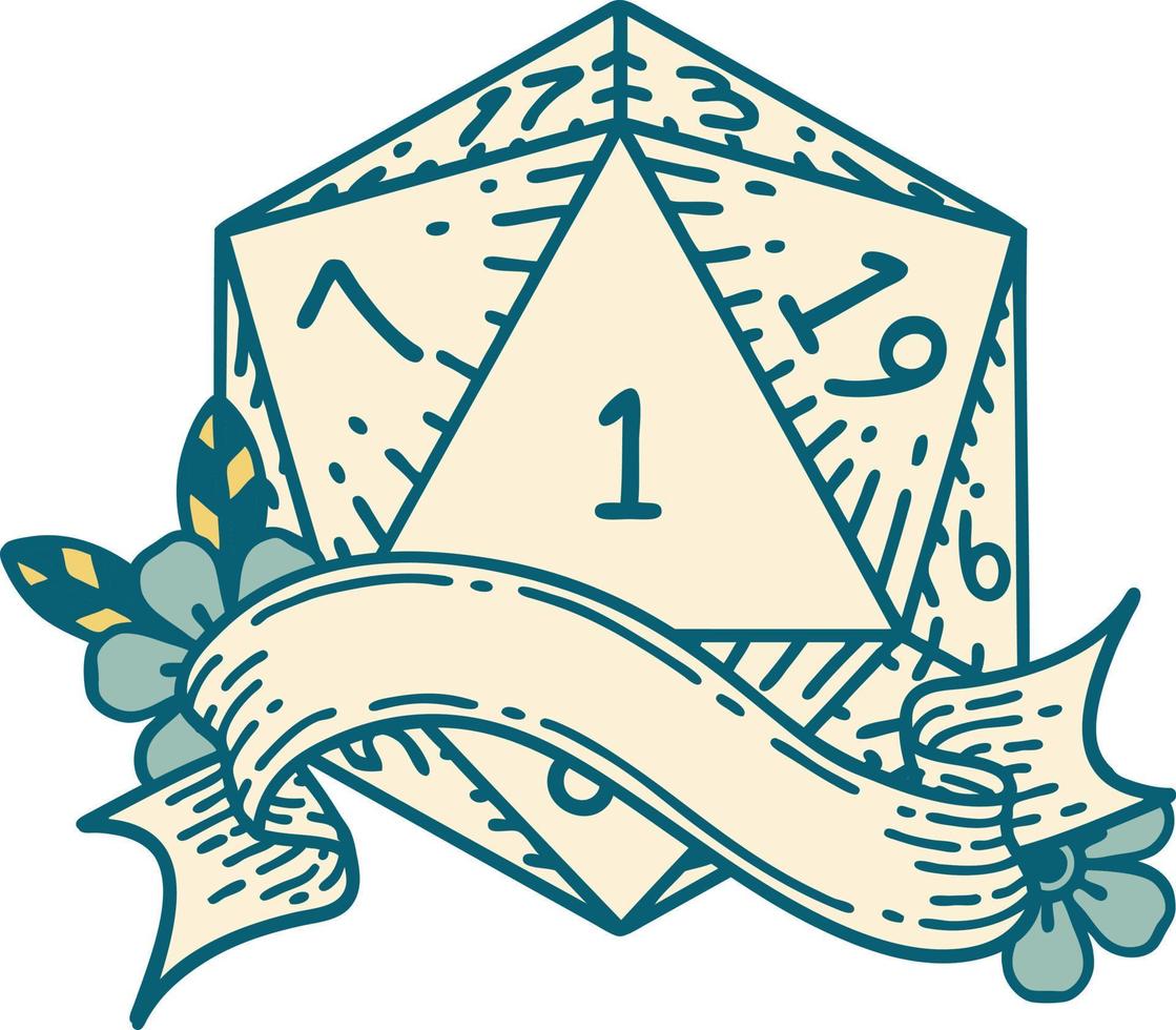 Retro Tattoo Style natural one d20 dice roll vector