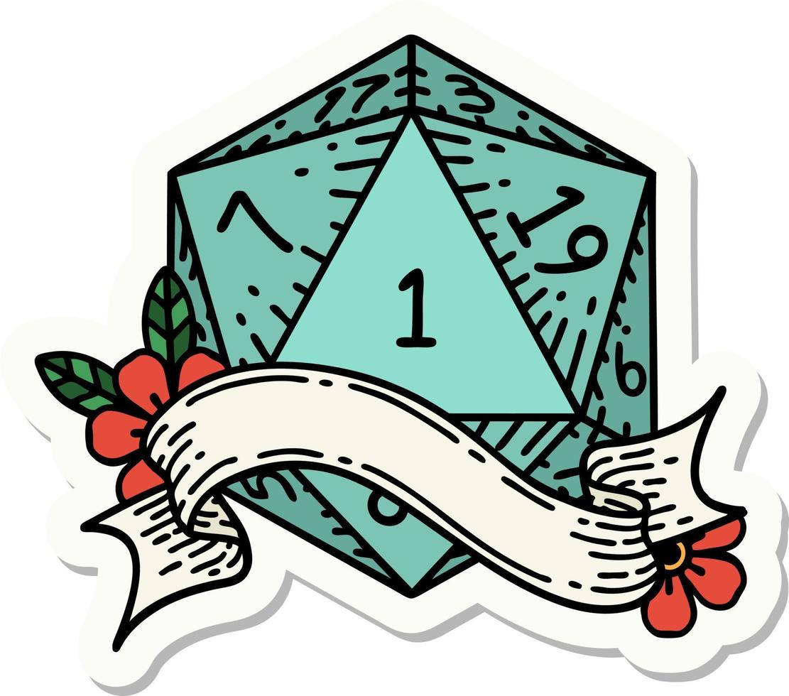 sticker of a natural one d20 dice roll vector