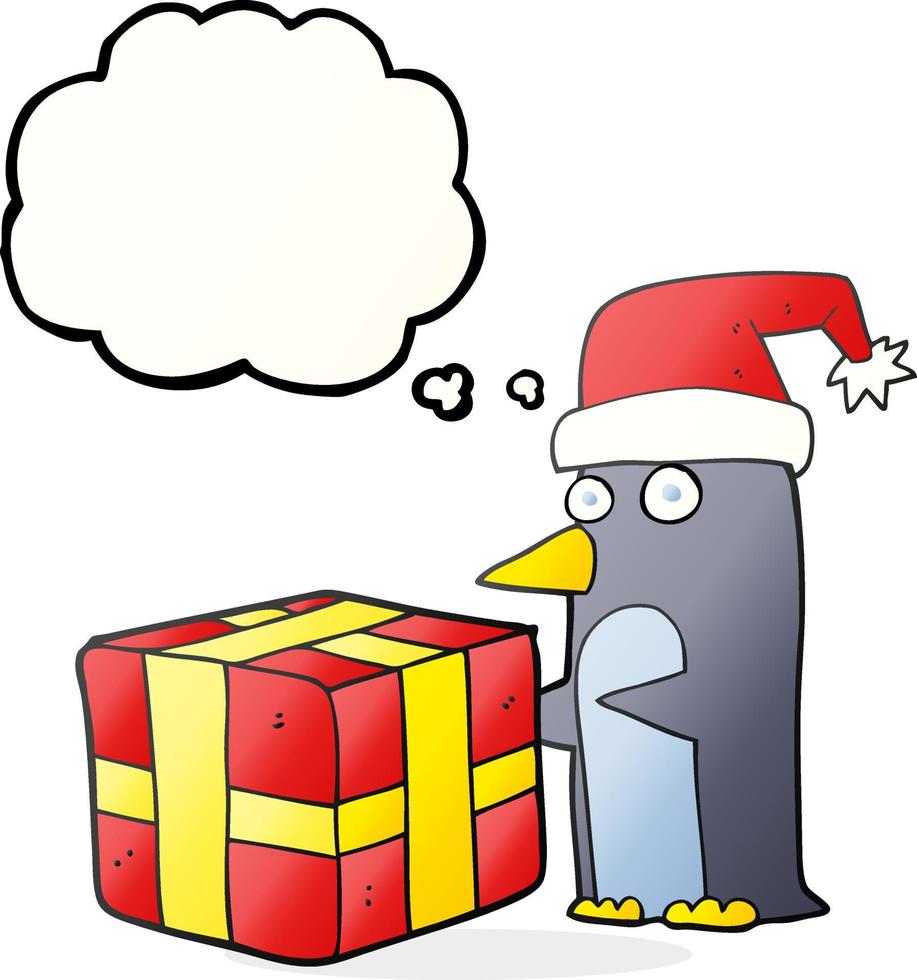 Pensamiento dibujado a mano alzada bubble cartoon christmas penguin con presente vector