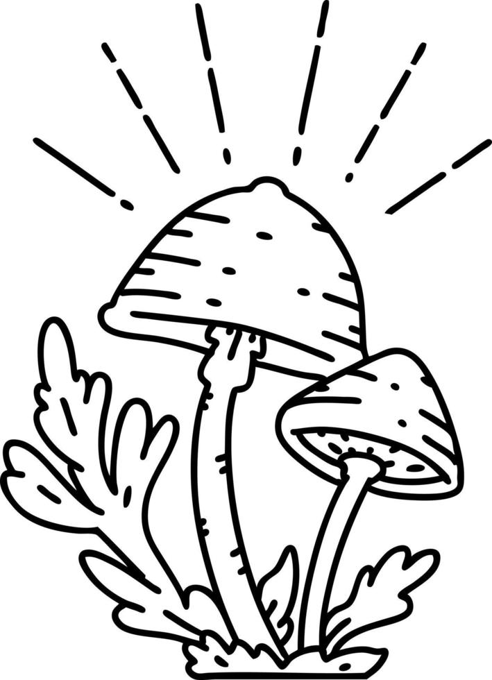 illustration of a traditional black line work tattoo style mushrooms vector