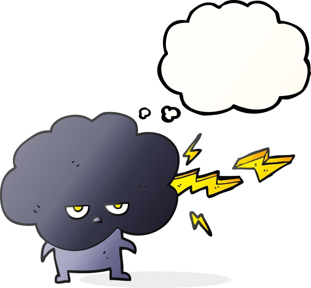 freehand drawn thought bubble cartoon raincloud character shooting lightning vector