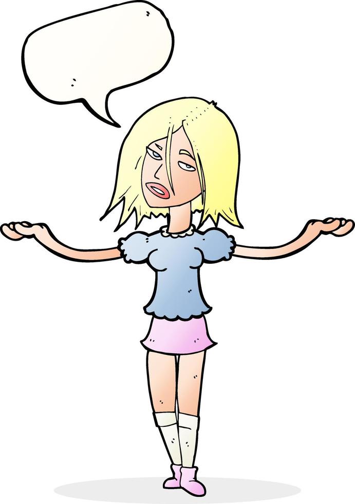 cartoon woman shrugging shoulders with speech bubble vector