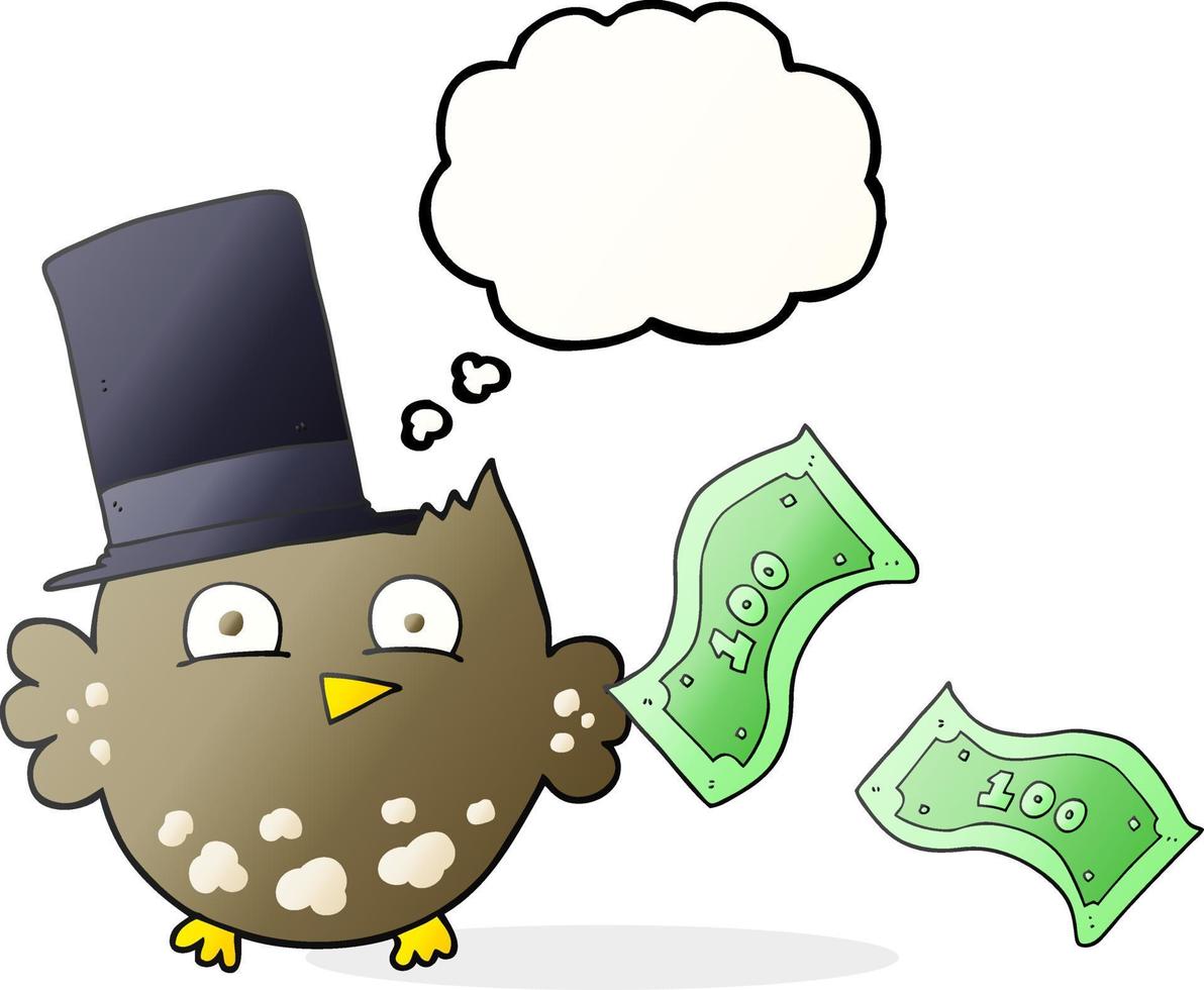freehand drawn thought bubble cartoon wealthy little owl with top hat vector